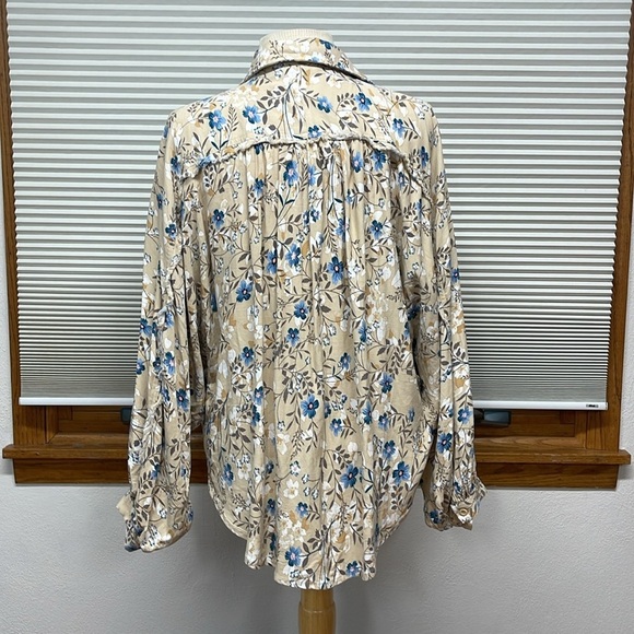 Fate Tan Blue Flower Print Oversized Boho Long Sleeve Button Down Shirt - Picture 7 of 12